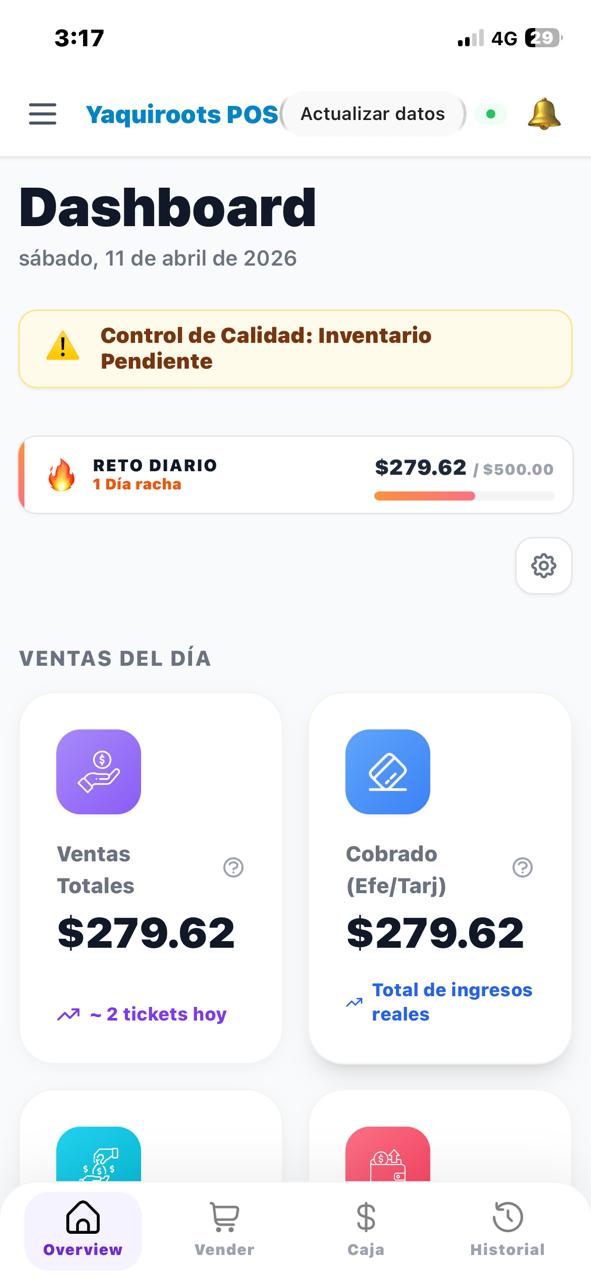 Yaquiroots POS en celular — dashboard con ventas del día