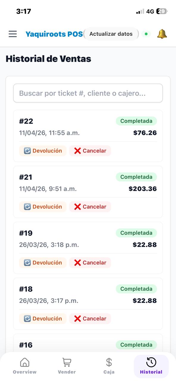 Historial de ventas de Yaquiroots en celular — lista de tickets